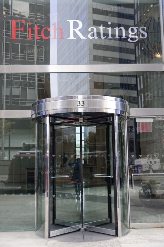 Modern glass doors lead to the Fitch Ratings building, Manhattan, New York City, New York, USA, North America