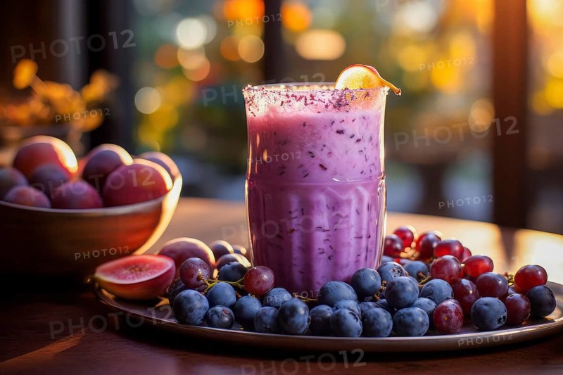 Fresh fruit shake in a glass, milkshake, smoothie, wild berry, blueberry, blueberry, currant, fig, wellness drink, sunrise, AI generated