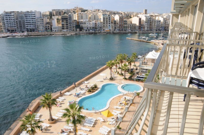 Malta: View from Cavaglieri Hotel to St. Juliens Bay, vintage, retro, old