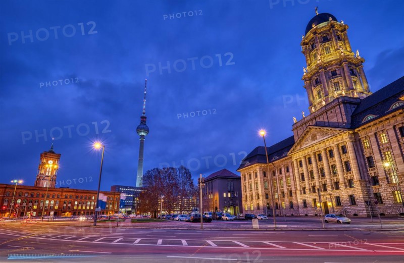 The Molkenmarkt in Berlin with the Old Town Hall, the Town Hall and the TV Tower by night