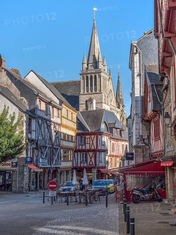 Half-timbered houses in the Rue Emile Burgault, Saint-Pierre Cathedral in the background in the old town, Vannes, Département Morbihan, France, Europe