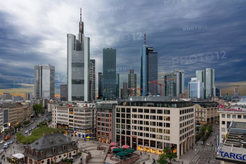 FRANKFURT, GERMANY - SEPTEMBER 16: Skyscrapers and the skyline of Frankfurt, Germany on September 16, 2019. Foto taken from Zeil with view to Commerzbank tower