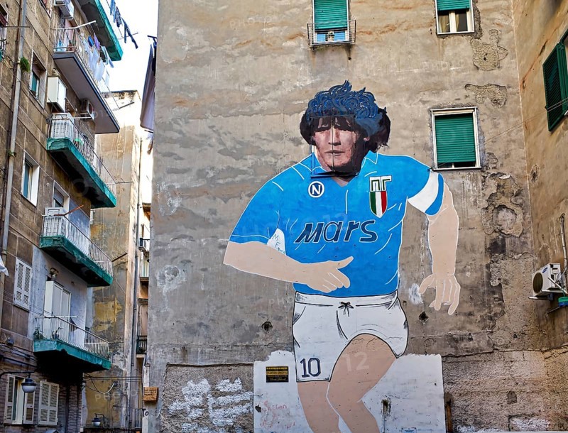 Naples Campania Italy. Made on the occasion of the second Scudetto of Napoli, in the 1990, the mural of Maradona is located in the Quartieri Spagnoli and has been restored in the 2016 thanks to the contributions of the citizens of the area. Quartieri Sp
