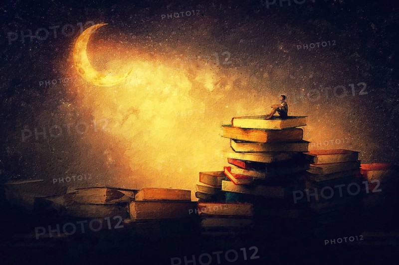 Wonderful painting with a boy sitting on a stack of books under the starry night sky looking a the marvelous crescent moon. Magic dreamland adventure scene. The reader diving into fable worlds