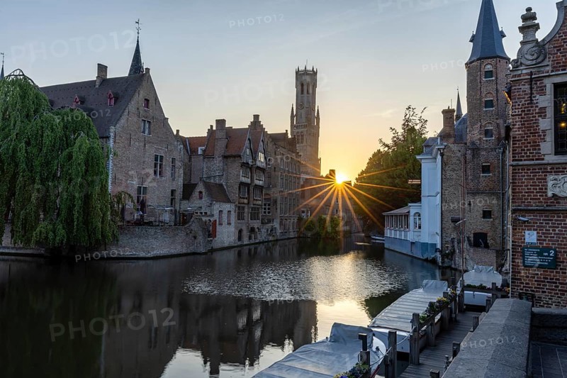 Sunset at the Dijver, behind Belfort Bell Tower, Rozenhoedkaai, Brugge, Belgium, Europe
