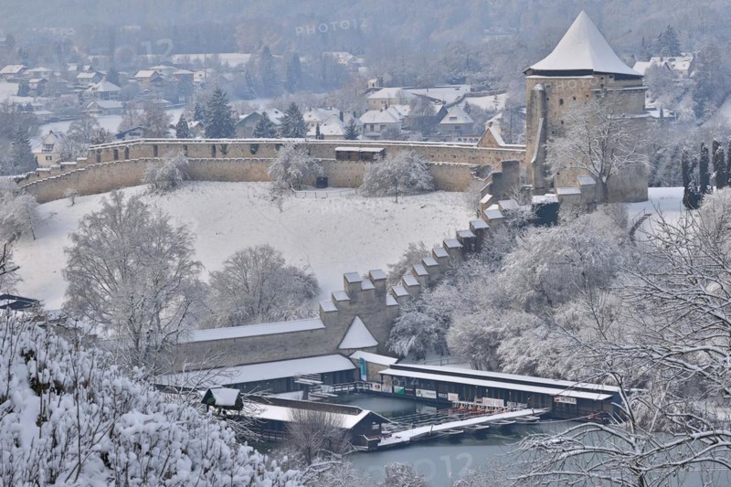 Bathing facility at the Wöhrsee in Burghausen, venue for ice swimming competitions, winter shot, Burghausen, Upper Bavaria, Bavaria, Germany, Europe