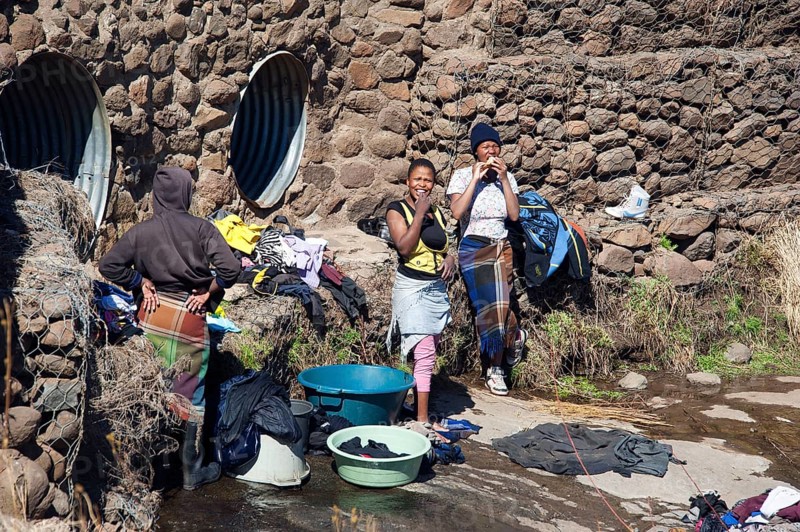 Women doing laundry, Mokhotlong District, A14, Lesotho, Africa