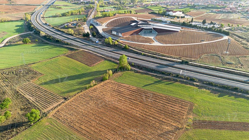 Gumiel de Izan, Burgos, Spain: aerial view of the Portia winery designed by Foster & Partners in the Ribera del Duero appellation of origin wine-growing area