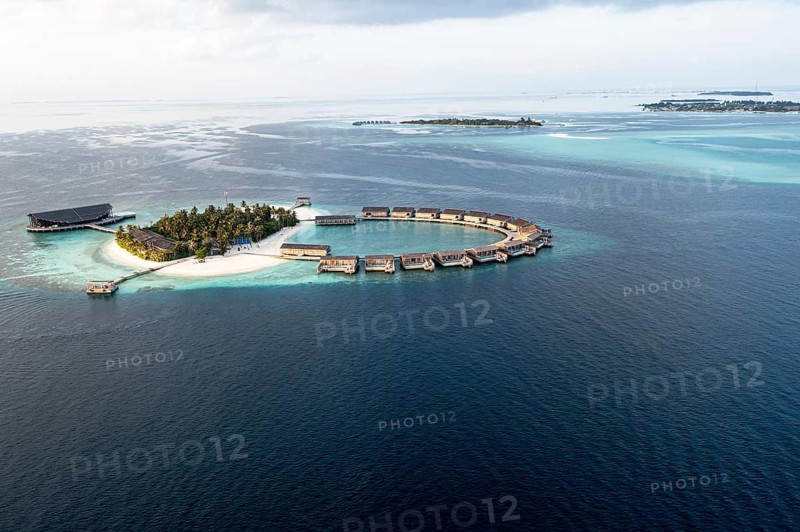 Aerial view, Kudadoo Island resort with beaches and water bungalows, Lhaviyani Atoll, Maldives, Indian Ocean, Asia
