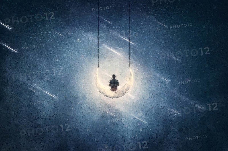 Surreal painting of a boy swaying on a crescent moon swing with a wonderful cosmic view to the starry night sky. Adventurous spirit, fantastic scene