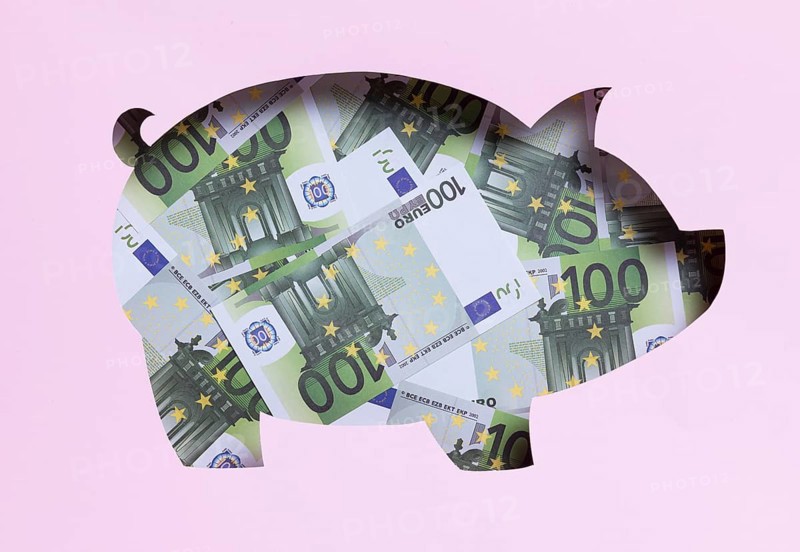 Stack euro notes inside piggy bank