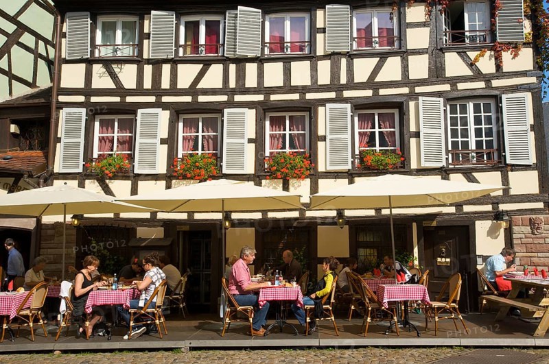 Restaurant in a half-timbered house in the old town of Strasbourg, Alsace, France, Europe