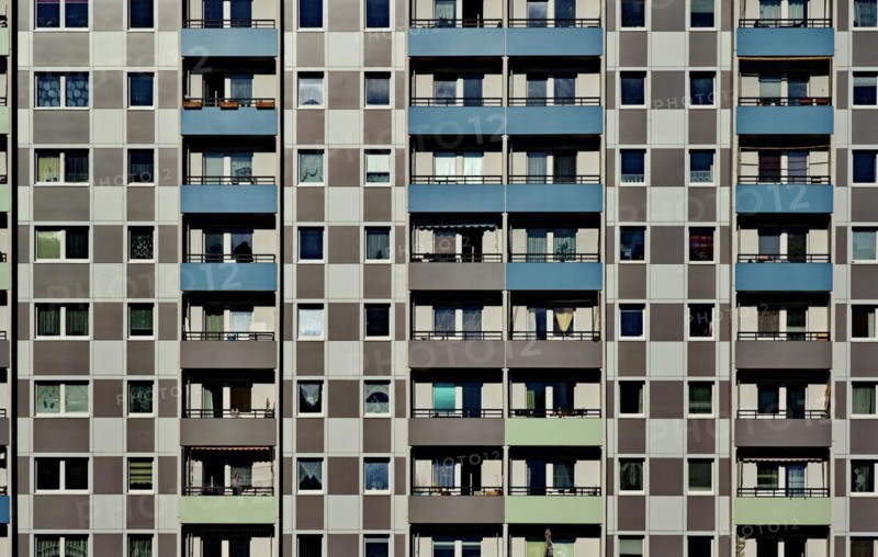 Facade of a prefabricated building with balconies in Hohenschönhausen, Lichtenberg district, Berlin, Germany, Europe
