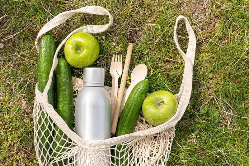 Top view food reusable bag grass