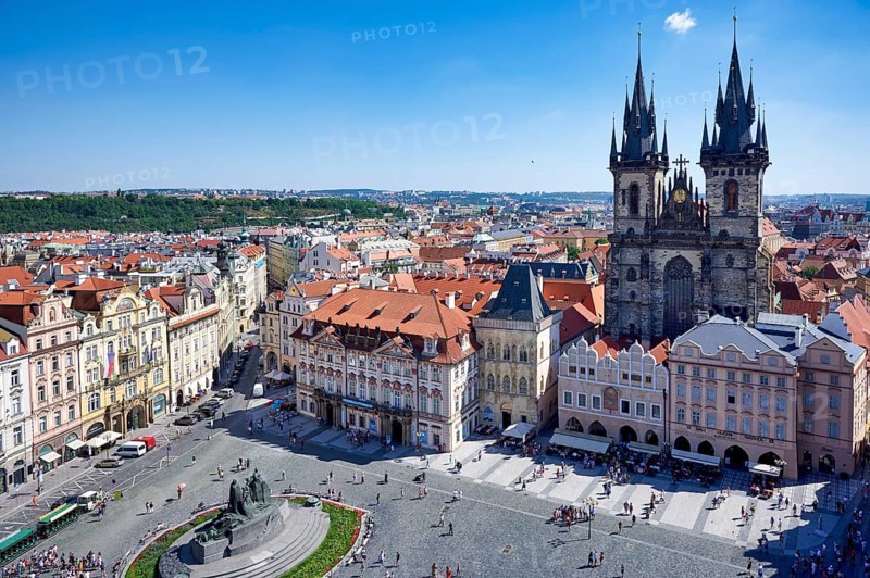 Aerial view of the Gothic Church of Our Lady before Tyn in Old Town Square