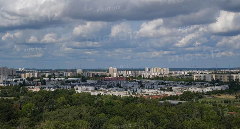 Panoramic view in sunny weather of the Marzahn-Hellersdorf district, Berlin, Germany, Europe