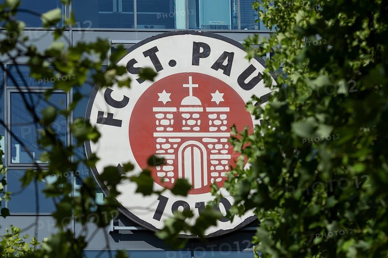 FC St. Pauli coat of arms at the office in the Millerntorstadion at Heiligengeistfeld in Hamburg, Germany, Europe