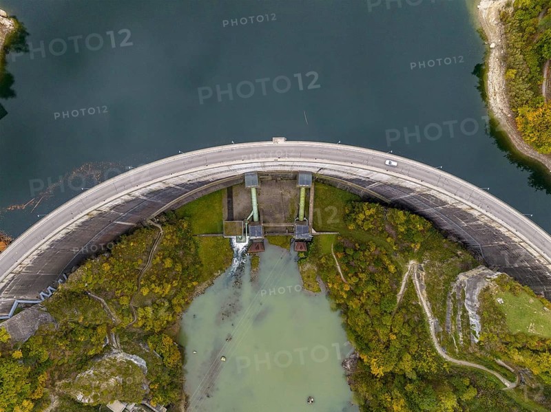 Dam on Lac de Gruyère, Lake Gruyère, reservoir, aerial view, Rossens, Fribourg, Switzerland, Europe
