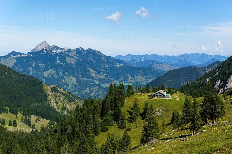 Taubensteinhaus in front of Wendelstein, Spitzingsee, Mangfall Mountains, Upper Bavaria, Germany, Europe