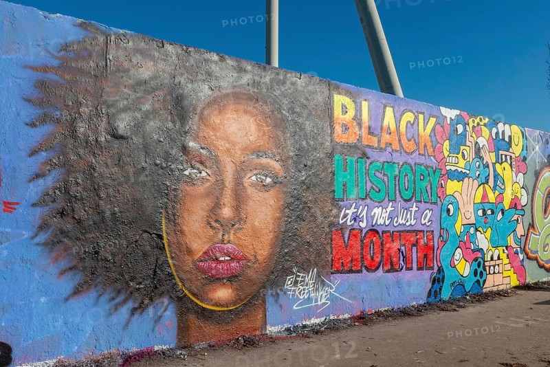 Germany, Berlin, 22. 02. 2021, Mauerpark, Sunday afternoon, graffiti wall, graffiti artist Eme Freethinker, portrait of a woman of colour, Black History it's not just a Month, Europe