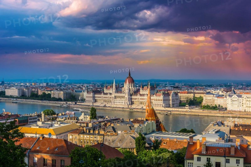 Panoramic view of Budapest with Hungarian Parliament Building on the bank of the Danube