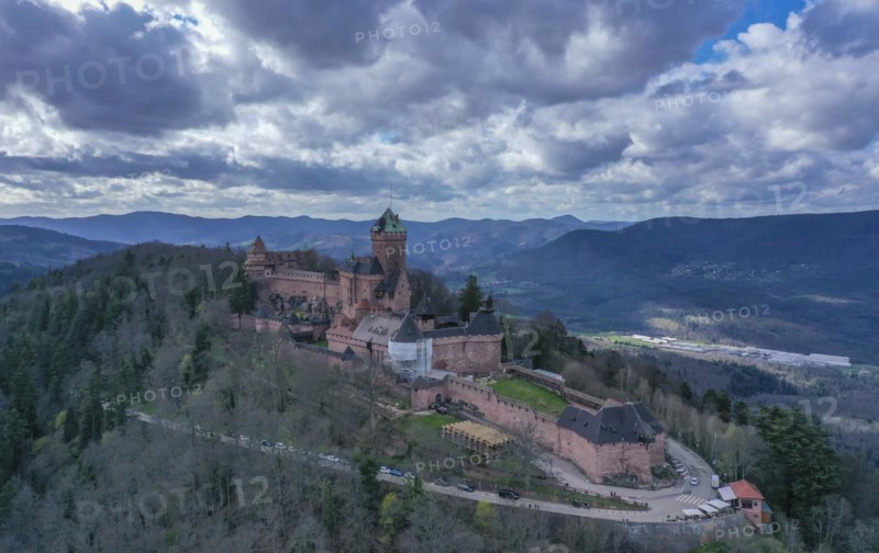 Aerial view Hohkönigsburg or Hochkönigsburg, French Chateau du Haut-Koenigsbourg, ridge castle on the eastern edge of the Vosges mountains near Orschwiller Orschweiler, Alsace, Bas-Rhin department, Grand Est region, France, Europe