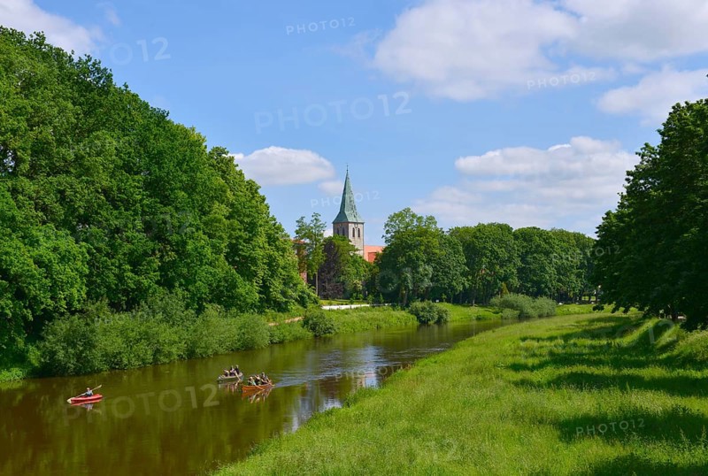 River Hiking, paddlers in three boats on the bunny in Haselünne, Hasetal, Emsland, Lower Saxony, Germany, Europe