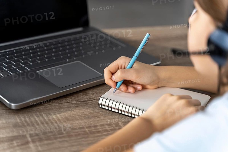 Close up girl studying online. Beautiful photo