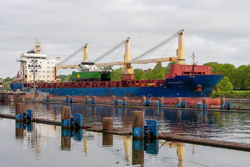 Merchant ship leaving Kiel-Holtenau canal lock, Great Lock, Kiel Canal, Kiel, Schleswig-Holstein, Germany, Europe