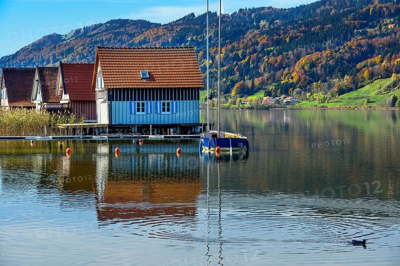 Boathouses on the large Alpsee lake near Bühl, Immenstadt Im Allgäu, Upper Allgäu, Bavaria, Germany, Europe