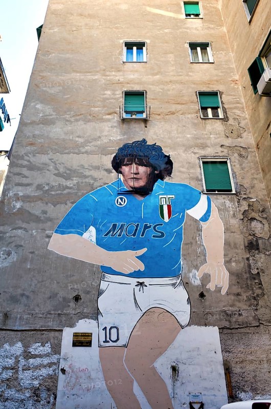 Naples Campania Italy. Made on the occasion of the second Scudetto of Napoli, in the 1990, the mural of Maradona is located in the Quartieri Spagnoli and has been restored in the 2016 thanks to the contributions of the citizens of the area. Quartieri Sp