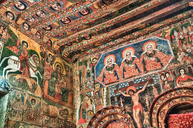 Ancient murals, mural paintings, Debre Birhan Selassie church, Gondar, Amhara region, Ethiopia, Africa