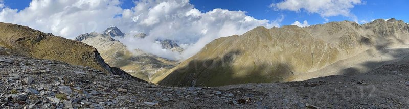 Panorama, scree field on Tällistock, Furkapass and Furkahorn in the background, Valais, Switzerland, Europe