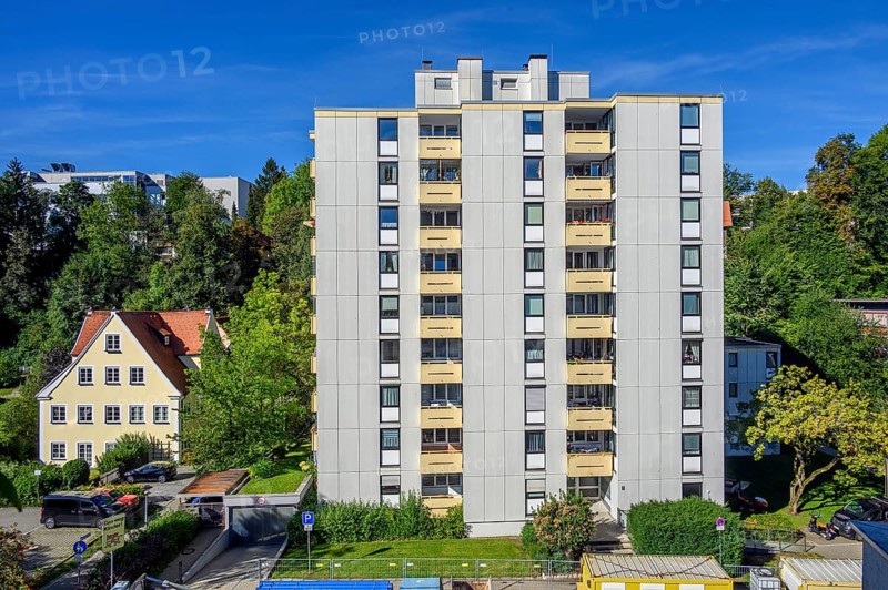 High-rise building with concrete balconies in Kempten, Allgäu, Bavaria, Germany, Europe