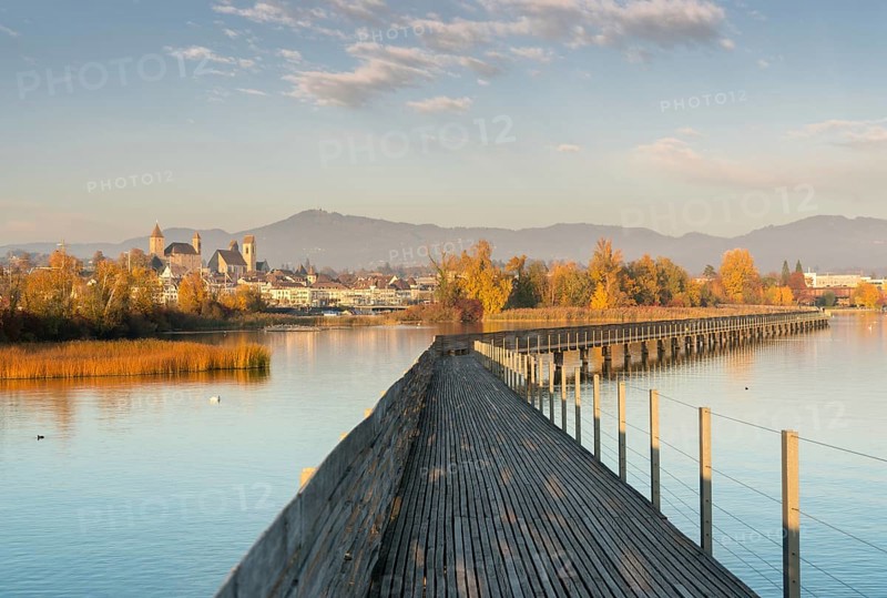 Landscape view of marsh and lake shore with the town of Rapperswil in evening light and a long wooden boardwalk in the foreground in late autumn in Switzerland