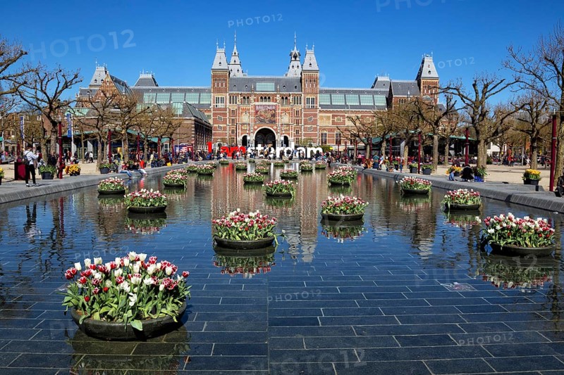 Tulip decorations reflected in the fountain in front of the Rijksmuseum in Amsterdam, Netherlands in spring. Colourful tulips reflected in a pond in front of the Rijksmuseum in Amsterdam city centre, Netherlands in springtime