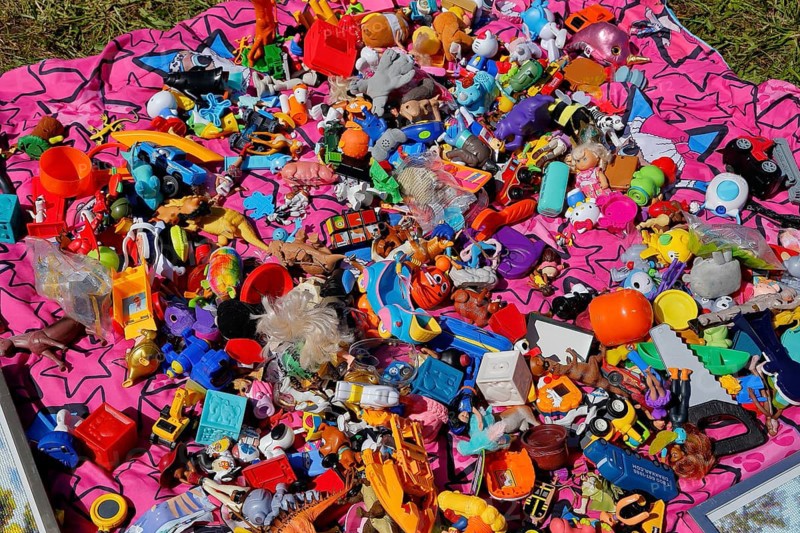 Small toys at a country flea market, Province of Quebec, Canada, North America
