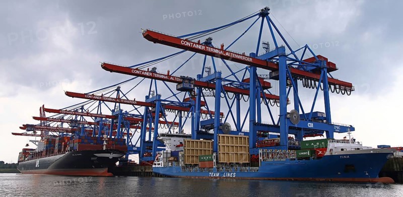 APL Le Havre and Tina at Container Terminal Altenwerder in the Port of Hamburg, ships APL Le Havre and Tina at port of Hamburg, Germany, Europe