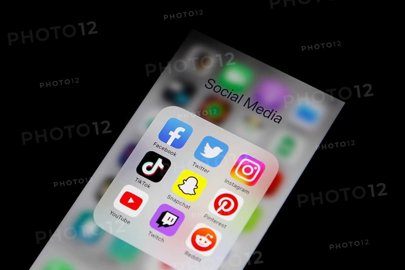 Social media icon, detailed view of a smartphone with social media apps, Facebook, Twitter, Instagram, Tik Tok, Snapchat, Pinterest, YouTube, Twitch, Reddit, Germany, Europe