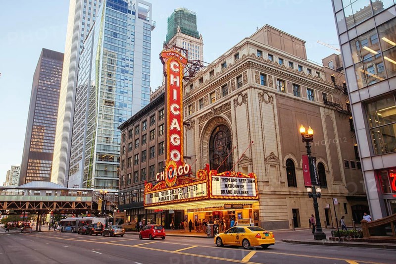 Chicago, USA, August 13 2015: Chicago theater with shows about to start on an early summer's evening, North America