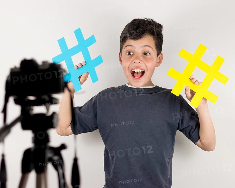 Medium shot blogger with hashtags
