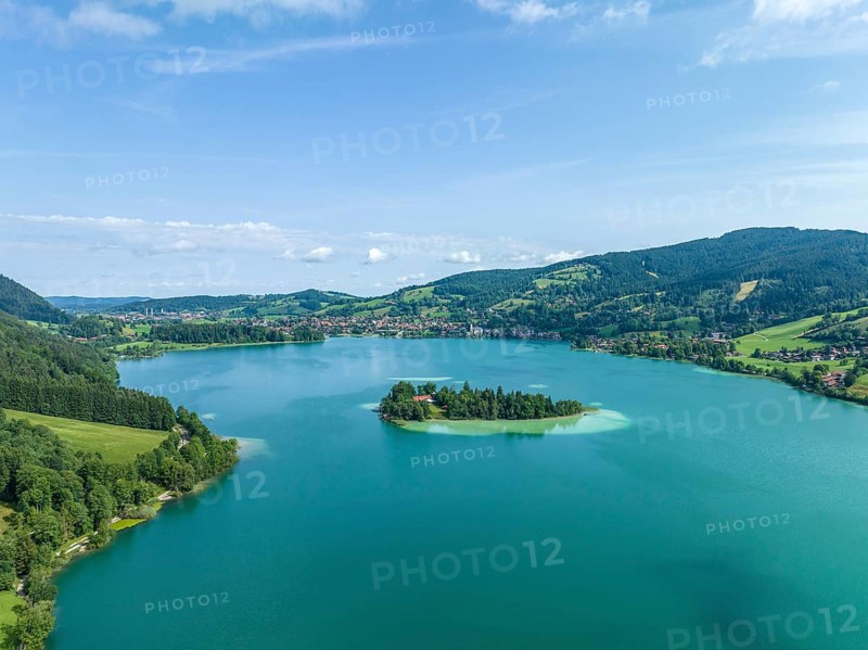 Aerial view, the island of Wörth im Schliersee, Schliersee, Upper Bavaria, Bavaria, Germany, Europe