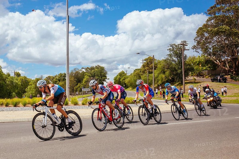 GEELONG, AUSTRALIA, FEBRUARY 2, 2020: The break away group rolls thru a roundabout during the 2020 Cadel Evans Great Ocean Road Race