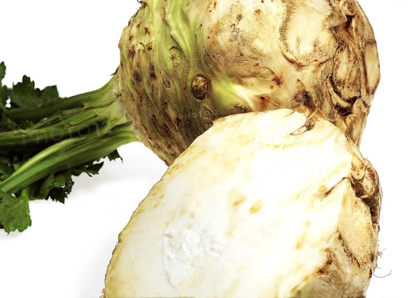 Root celery (apium graveolens), celeriac, umbelliferae, CELERIAC against white background