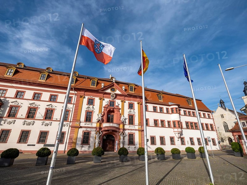 Thuringian State Chancellery, Government Headquarters of the Free State of Thuringia, Building of the Electorate of Mainz, Flags of Thuringia, Germany and Europe, Erfurt, Thuringia, Germany, Europe