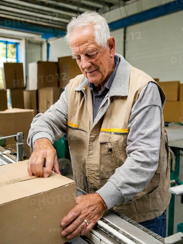 Old-age poverty, pensioner works in a packing station to top up his pension, AI generated