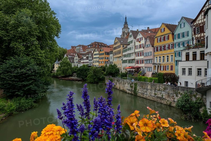 Old town houses in Tübingen with Hölderlin Tower (l.) and St George's Collegiate Church on the banks of the Neckar, Tübingen, Baden-Württemberg, Germany, Europe