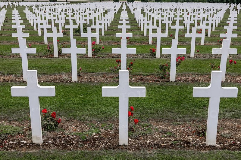 French military cemetery at the Ossuaire de Douaumont with white graves and crosses of fallen soldiers, Verdun, Département Meuse, Grand Est, France, Europe