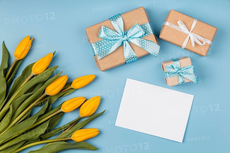 Yellow tulips with blank card gifts