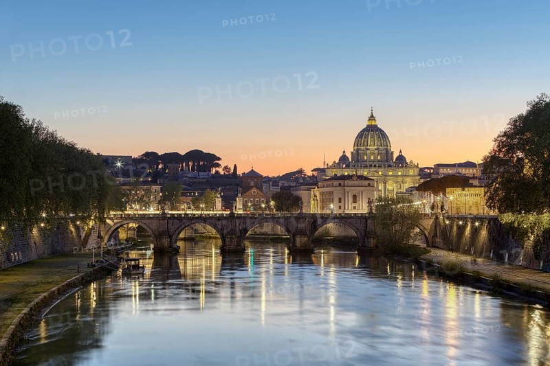 St Peter's Basilica and Ponte Sant Angelo at dusk, Rome, Italy, Europe